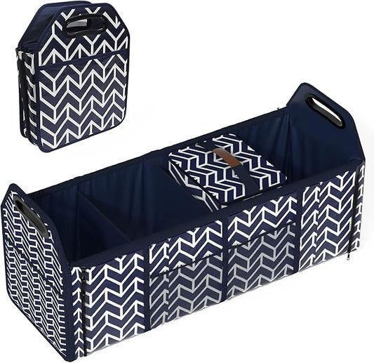 Trunk Organizer for car, Foldable Car Storage Bag Portable Insulation Cooler Bag Collapsible Vehicle Organizer Divider Storage Totes with 4 Compartment Cargo Tote for Groceries Caddy SUV, Navy Blue