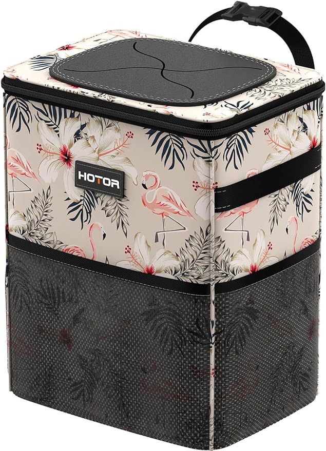 HOTOR Car Trash Can with Lid and Storage Pockets - 100% Leak-Proof Organizer, Waterproof Garbage Can, Multipurpose Trash Bin for Car, 2 Gallons, Flamingo