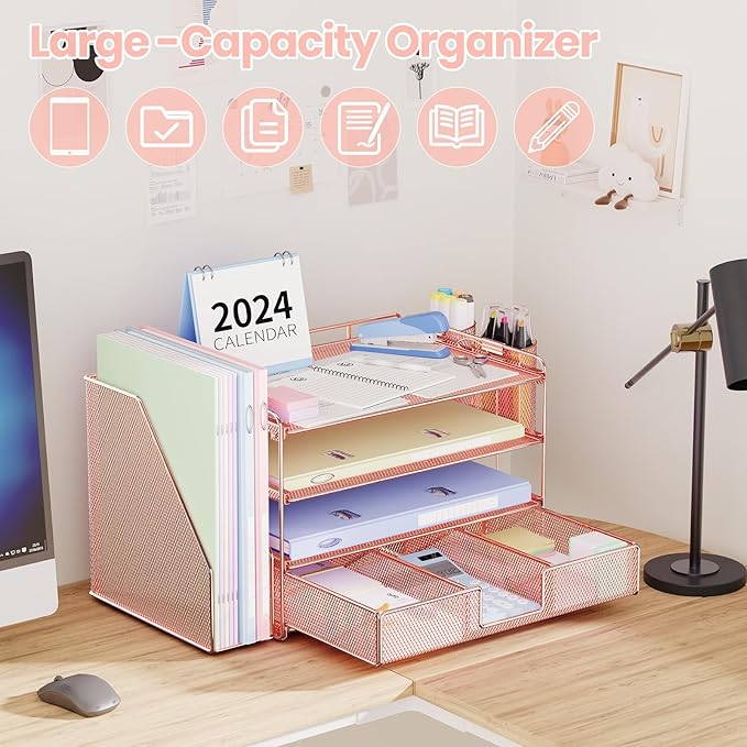 OPNICE Desk Organizer, 4-Tier Desktop File Organizer with Drawer and 2 Pen Holders, Office Desk Accessories, File Sorters, Workspace Organizers for Office Supplies(Rose Gold)