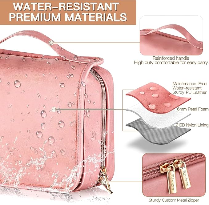Elviros Hanging Travel Toiletry Bag for Women, 3-in-1 Large Makeup Bag and Cosmetic Organizer, Vegan Leather Waterproof Skincare Case for Travel Size Toiletries and Accessories, Gift for Women