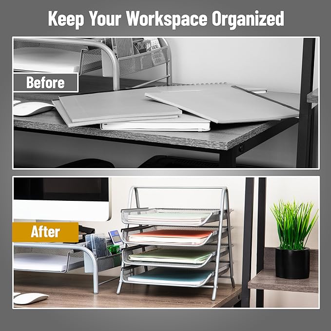 Mind Reader 4-Tier Paper Tray, Desktop Organizer, File Storage, Office, Metal Mesh, 12"L x 13.75"W x 12.5"H, Silver