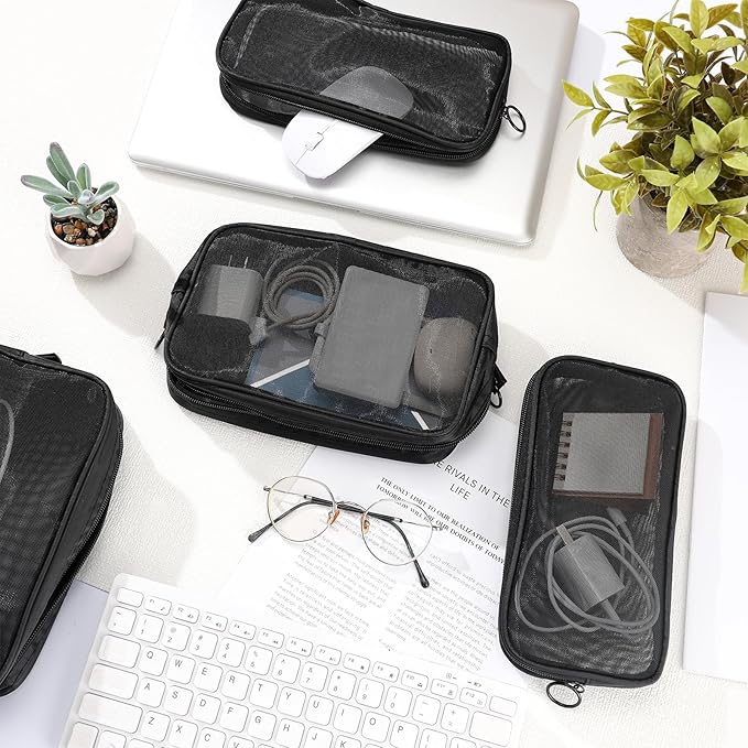 Weewooday 4 Pcs Mesh Makeup Bag Mesh Cosmetic Bag Toiletry Pouch with Zipper Mini Makeup Cosmetic Purse for Daily Accessory (Large,Medium,Black)