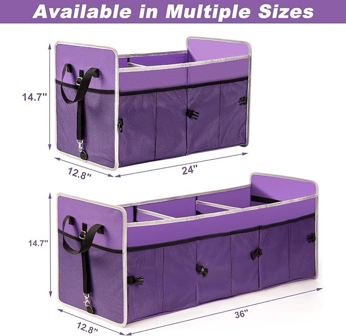 Collapsible Trunk Organizer, 102L Large Capacity Portable Car Storage for SUV, Purple, 3 Compartments