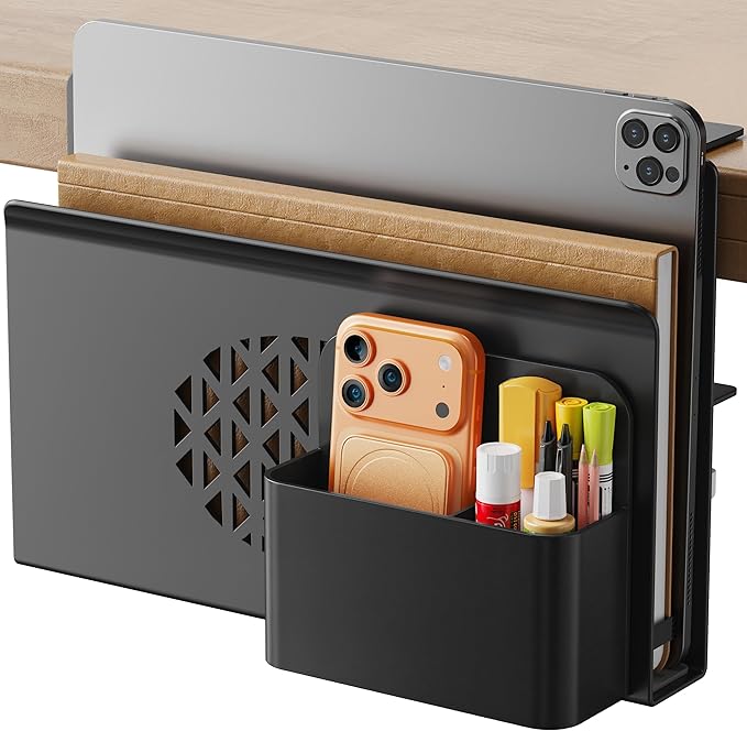 Desk Side Storage, Metal Laptop Holder with Magnetic Pen Box, Clamp-On Under Desk Organizer with Cooling Holes & Anti-Scratch Pads for Office and Home (Black)