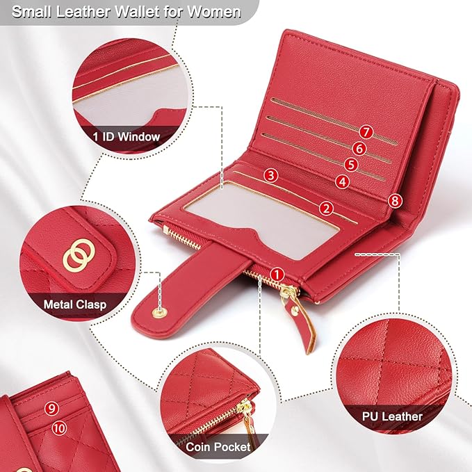 Avando Small Wallet For Women- Credit Card Holder Wallet For Women Girls- Zipper Small Bifold Wallet Mini Coin Purse With ID Window (Red)