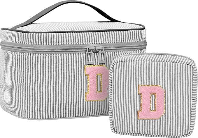MONSTINA Monogram Cosmetic Bag with Brush Holder,Gifts for Girls Teen Girls-Initial Makeup Bag|Personalized Gifts for Women Friends|Cute Toiletry Make Up Traveling Stuff Organizer 2PCS Black D
