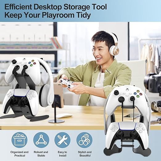 DOYO Controller Stand Organizer for Desk, Universal Headphone Stand for Xbox PS5 PS4 Switch, Headset Holder & Desk Mounts, Gaming Desk Accessories Controller Holder, Gaming Equipment Headset Holder