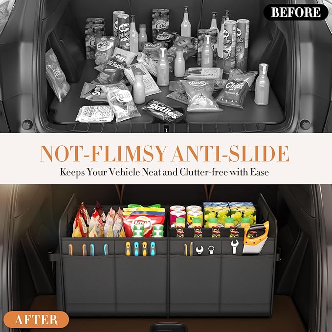 titiyiof Trunk Organizer For Suv & Sedan,Car Organizers and Storage, Waterproof Collapsible & Adjustable Straps,75L Sturdy Car Organization for Car Accessories, Tools,Sundries,2-3 Compartment（Black）