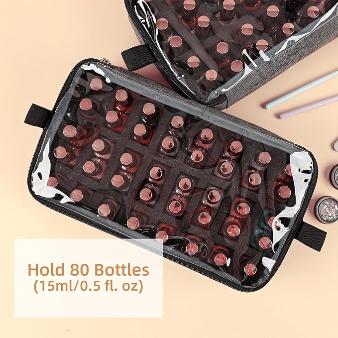 HOMEST Double Layer Nail Polish Organizer Holds 80 Bottles (15ml/0.5 fl. oz) and a Lamp, Case with 2 Removable Pouches for Manicure Tools Storage, Grey(Bag Only)