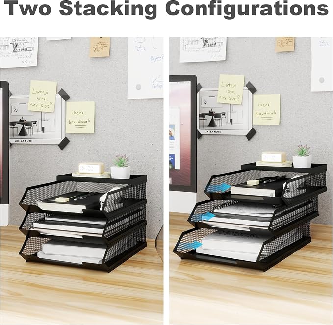 Natwind 3-Tier Stackable Metal Mesh Paper Organizer with Sliding Tray,Black | Desk Organizer for Office Supplies, Letter Tray For Desktop,File Holder For Home School Classroom Organization