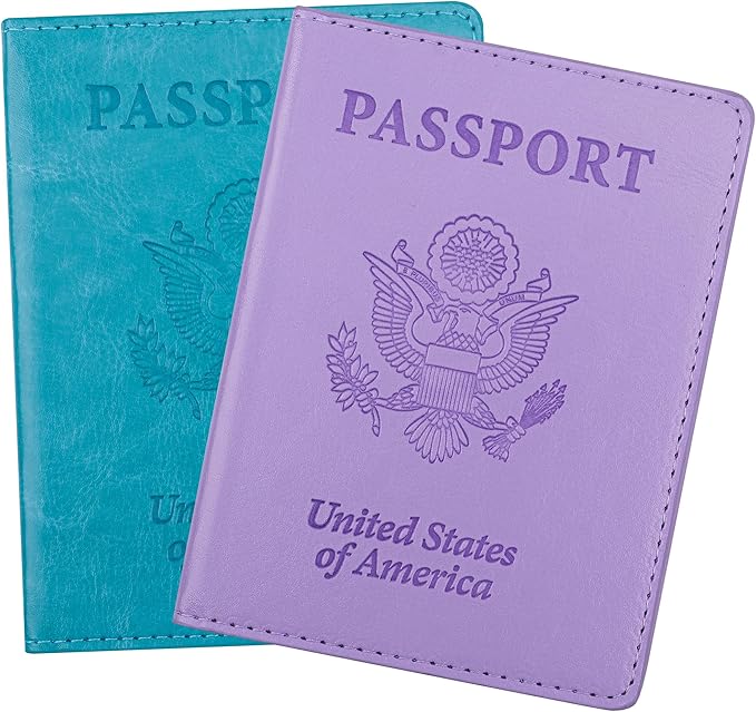 Passport Holder for Travel Men Women - Passport Cover, Passport Wallet Case Travel Essentials Travel Must Haves Accessories Blocking Leather Card Slot Protector for Stocking Stuffers Gifts,Blue&Purple