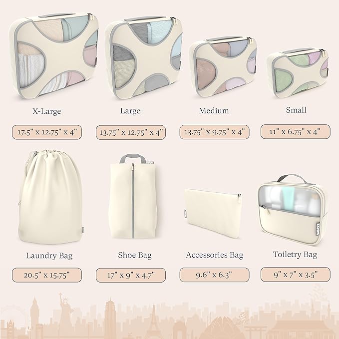 Shacke Packing Cubes for Travel 8 Set - Premium Luggage Organizer Bags - Versatile Travel Organizer for Women and Men - Optimized Packing Bags - Travel Essentials (Sand)