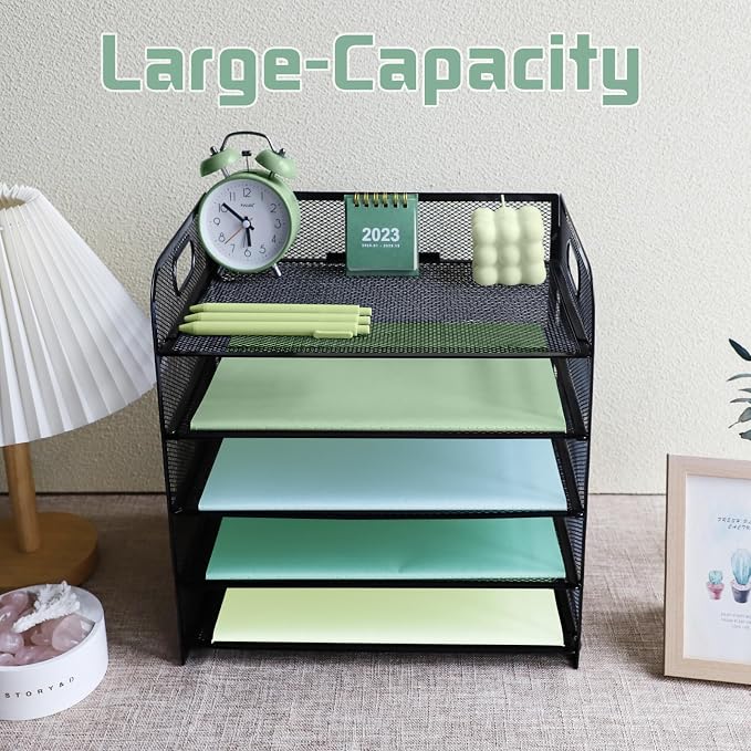 Paper Letter Tray with Handle, 5 Tier Metal Mesh Desk File Organizer, A4 Paper Desktop Filing Trays, Desk Tidy Magazine Document Holder for Home Office, Black