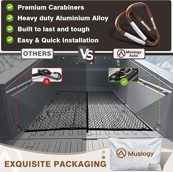 Muslogy Truck Bed Cargo Net Trunk Netting Compatible with Pickup Bed Stretchable 4'x4' to 7'x7' Accessories, Pickup Cargo Organizer SUV Sedan Storage Net w/Heavy Duty Carabiners