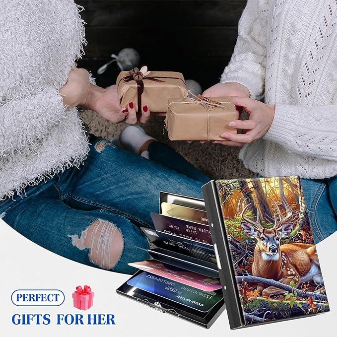 RFID Blocking Credit Card Holder - Slim Metal Wallet for Women & Men,Deer In Forest Design Stainless Steel Business Card Case,Compact Pocket Organizer for Travel & Daily Use