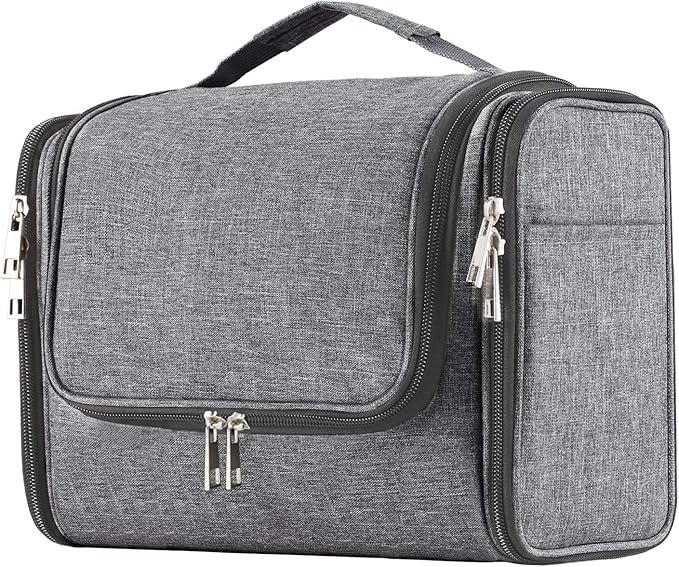Buruis Hanging Toiletry Bag for Women and Men, Large Water-Resistant Makeup Organizer with Sturdy Hook, Lightweight Nylon Dopp Kit for Full-Sized Toiletries & Cosmetics, Oxford Gray