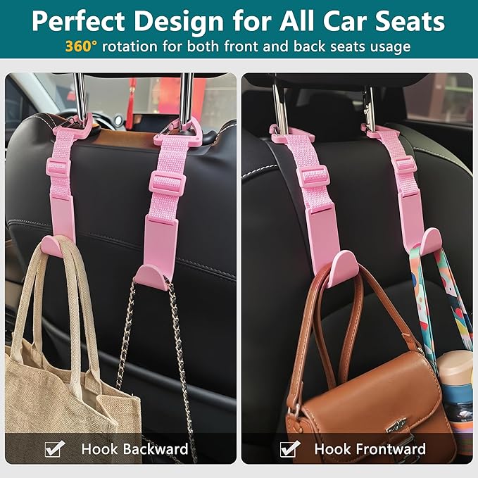 Amooca Headrest Hooks for Car Adjustable 4 Pack Vehicle Seat Back Organizer Storage Hanger Holder for Purse Bags Universal Fit with Clip Pink