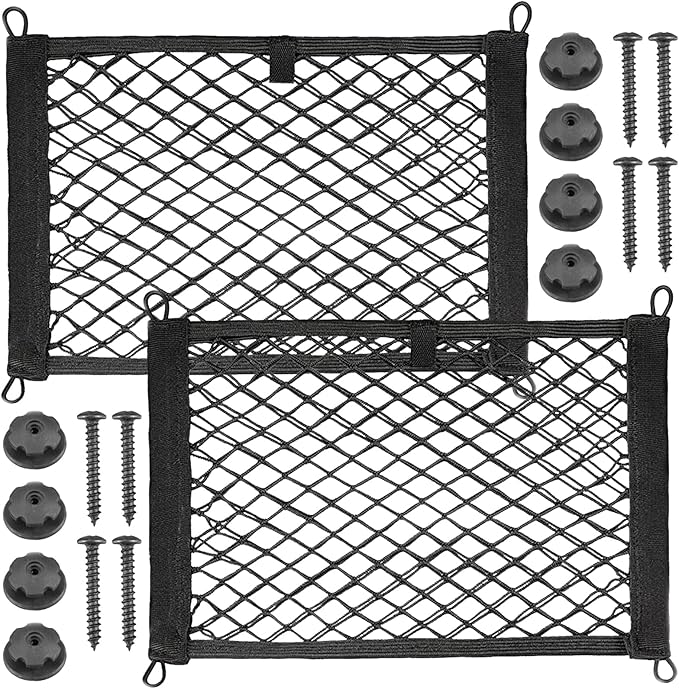 2pcs Cargo Net, Pocket Storage Mesh Net, Elastic Automotive Cargo Nets Storage Pouch with 8 Mounting Screw and Builtin Hooks, for Car Trunk Boats Net (18x9.8 inches)
