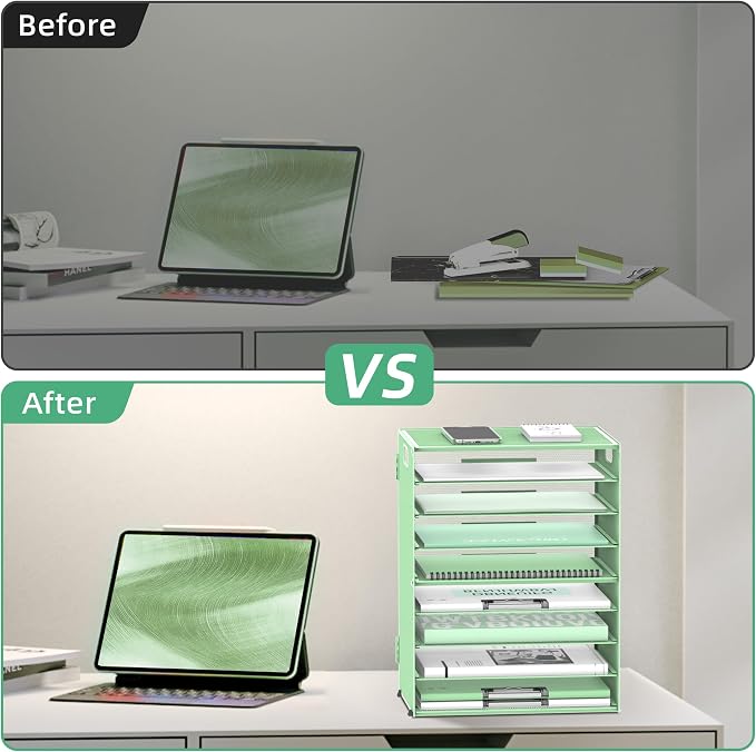 DALTACK 9-Tier Paper Organizer for Desk, Mesh Letter Tray Desk Organizer with Handles, Space-Saving File Organizer for Office Home School Classroom, Mint Green