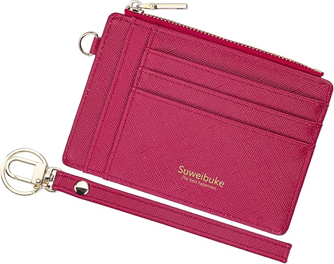 Wikavanli Women Slim Rfid Blocking Credit Card Case Holder Wristlet Zip ID Case Wallet Small Compact Leather Wallet Coin Purse with Keychain (Rose Red)