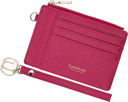 Wikavanli Women Slim Rfid Blocking Credit Card Case Holder Wristlet Zip ID Case Wallet Small Compact Leather Wallet Coin Purse with Keychain (Rose Red)