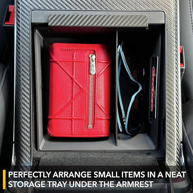 TWRAPS Center Console Organizer for Tesla Model X and Tesla Model S, Carbon Fiber Detail Armrest Storage Tray, Premium Faux Leather Inserts, Accessories Fit Model S/X 2021-2026 (Black)