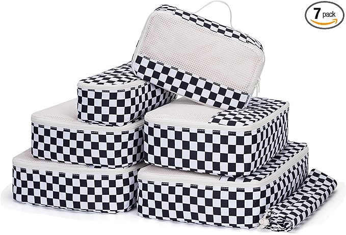 Narwey 7 Set Checkered Packing Cubes for Travel Carry on Suitcase Luggage Organizer Bags for Kids Women Men, Durable Packing Organizers Bag, Travel Essentials Accessories (Black Checkerboard)