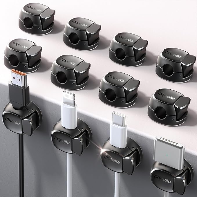 12Pack Cord Organizer [Dual Spring & Clasp, Max Secure] Cable Clips - Chfeila Cord Holder, Desk Cable Management, Adhesive Phone Charging Wire Holder for Nightstand/Car/Wall, Office Accessory - Black