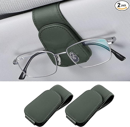 2PCS Sunglasses Holders for Car Sun Visor, Leather Eyeglasses Hanger Mounter, Magnetic Glasses Holder and Ticket Card Clip, Universal Auto Interior Accessories (Dark Green, 2PCS)