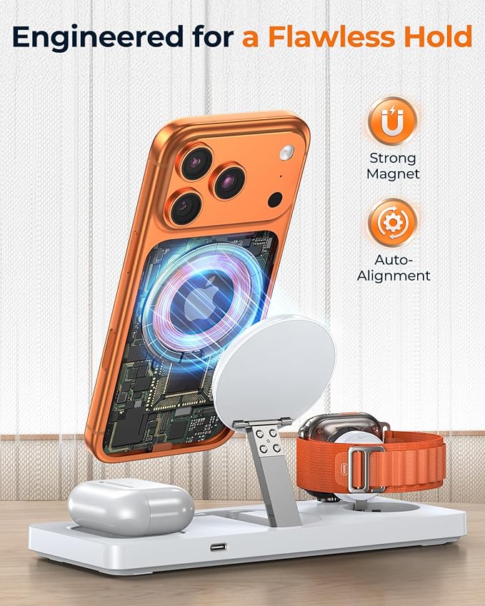 Foldable 3-in-1 Wireless Charging Station for Apple Magsafe Charger Stand, Travel-Friendly Fast Magnetic Wireless Charger Station for iPhone 17/16/15/14/13/12, Apple Watch & AirPods Series, White