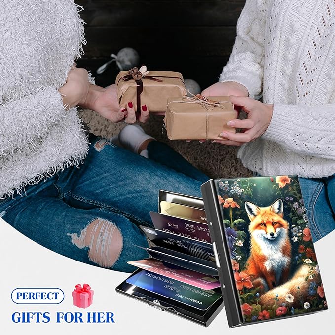 RFID Blocking Credit Card Holder - Slim Metal Wallet for Women & Men,Fox Flowers Design Stainless Steel Business Card Case,Compact Pocket Organizer for Travel & Daily Use