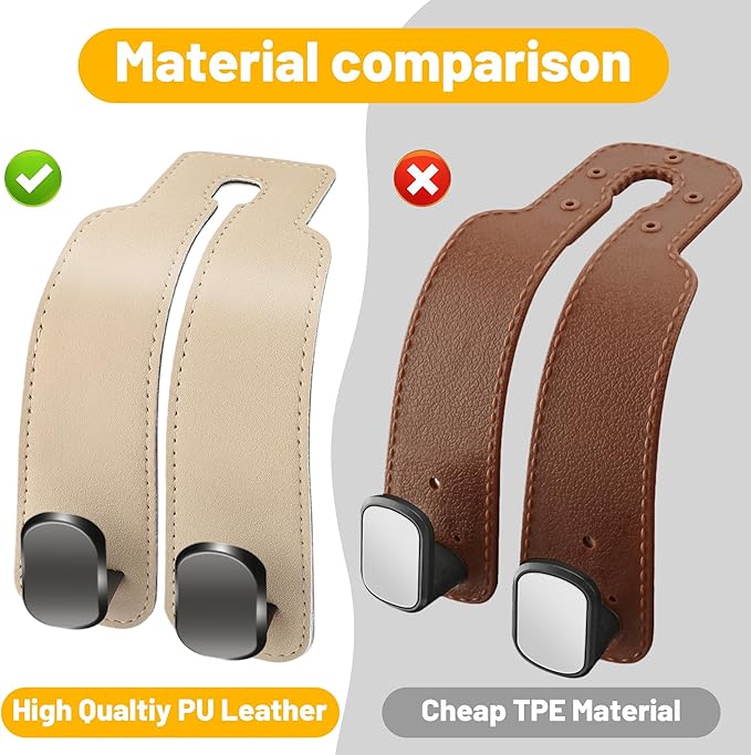 Amelity Car Headrest Hooks, Purse Hook for Vehicle 2 Pack Beige | Universal Car Interior Accessories for Women, Available in 2/4 Pack, Storage Hanger Holds Purses, Backpacks, Grocery Bags