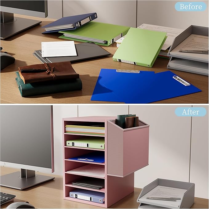 Unionly 6 Tier Adjustable Countertop Mail Sorter, Mailboxes With Name Slots, Literature Organization Paper Storage Slot, Office Desk File Organizer, Wooden Desktop Mailbox for Classroom(Pink, 6 Slots)