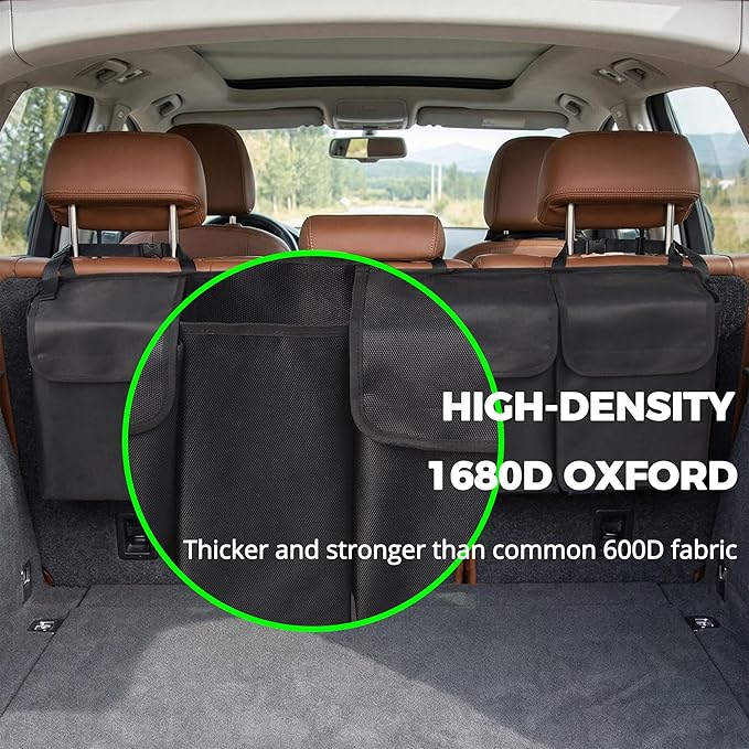 PIDO Hanging Trunk Organizer, Backseat Trunk Organizer for SUV, Hanging Car Storage Bag with Large Pockets for Sedan, Truck, Van, Upgraded Premium 1680D Oxford, Space Saving Car Interior Accessory