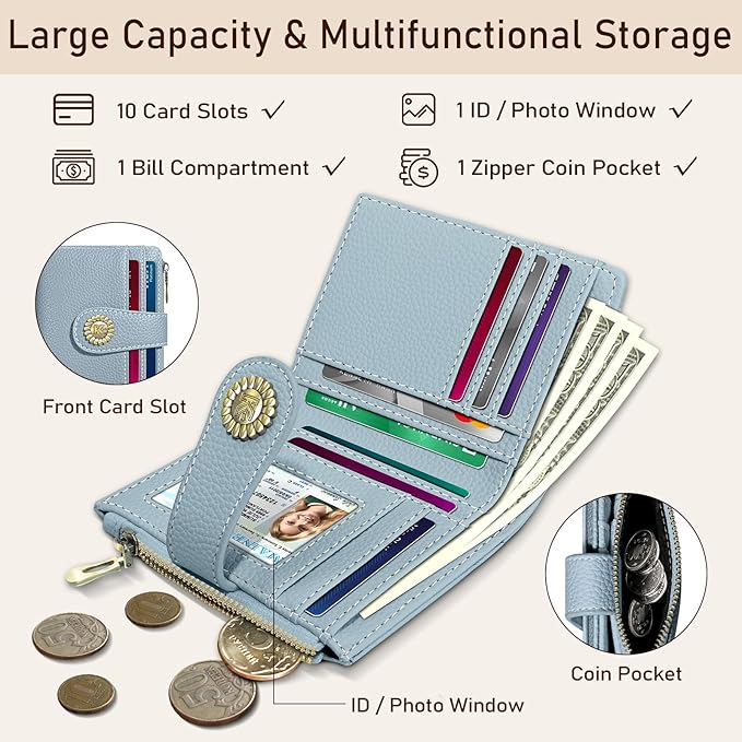 Kelvoris Small Rfid Women Wallet Bifold Zipper Coin Pocket PU Leather Compact Cash Credit Card Holder Travel Wallet for Female Ladies Teen Girls 1 ID Window 10 Card Slots Blue