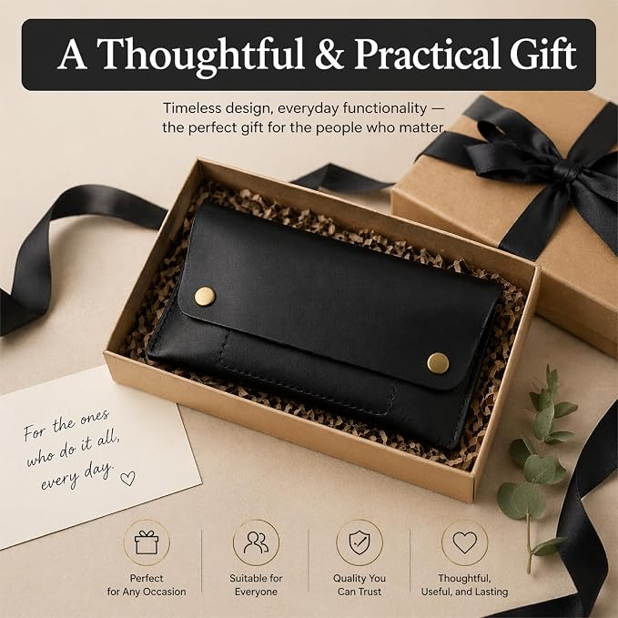 Leather Currency Pouch - Handmade Cash Organizer with Double Button Closure & Zipper Pocket, Compact Money Holder for Travel & Everyday Use, 4 x 8 Inch (Black)
