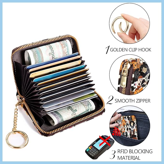 Blusabaca Credit Card Holder for Women, Dogs Small RFID Blocking Wallet with Wristlet Strap, Keychain Wristlet Zipper Women Wallet, Leather Card Case, Accordion Card Wallet Purse with Key Lanyard