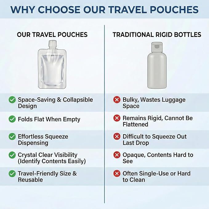 Travel Pouches for Toiletries, 13 Pack TSA Approved Refillable Travel Liquid Pouches, Flat Travel Bottles for Toiletries, Reusable 3oz Portable Containers with Funnel, Labels & Clear Carry On Bag