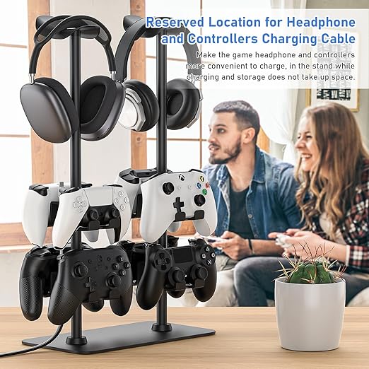 MANMUVIMO Headset Stand Controller Holder for 2 Headset and 8 Controller, Headphone Stand Gaming Controller Holder for PS5 Xbox Airpods Beats Bose, Gaming Room Accessories, Gamer Gifts for Men