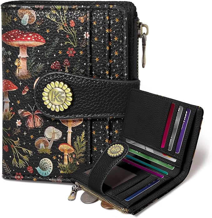 Kelvoris Mushroom Moon Night Small Rfid Women Wallet Bifold Zipper Coin Pocket PU Leather Compact Cash Credit Card Holder Travel Wallet for Female Ladies Teen Girls 1 ID Window 10 Card Slots