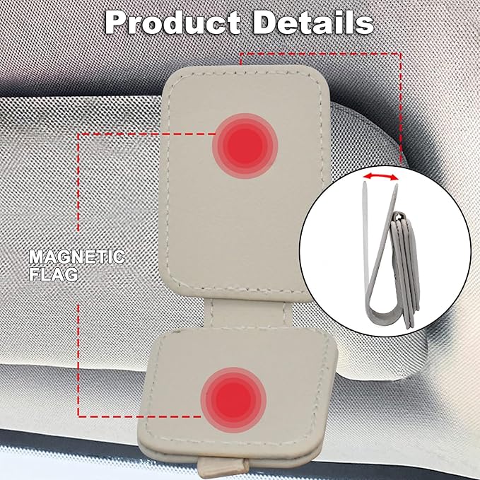 2 Pack Leather Car Sunglass Holder, Magnetic Leather Glasses Eyeglass Hanger Clip for Car, Sunglass Clip Glasses Holder for Car Visor-Beige