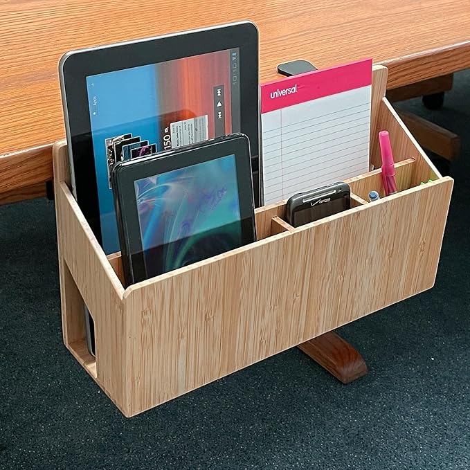 MobileVision Bamboo Side Desk or Table Organizer with C-Clamp Mount on Rear For Easy Mount