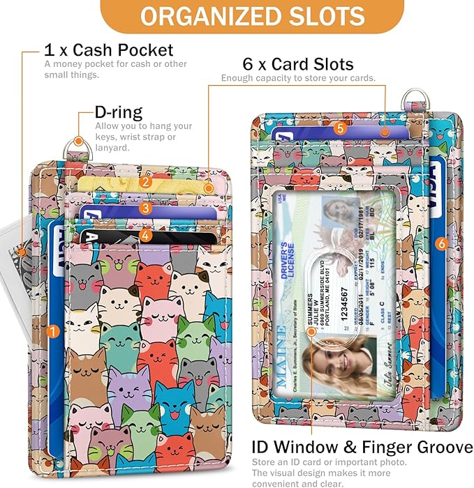 Yonlevres Cat Credit Card Holder Slim Wallet, RFID Wallet Women Front Pocket Small Card Holder, Travel Cute Funny Thin ID Window PU Leather RFID Blocking Case Organizer Gift Girls Ladies
