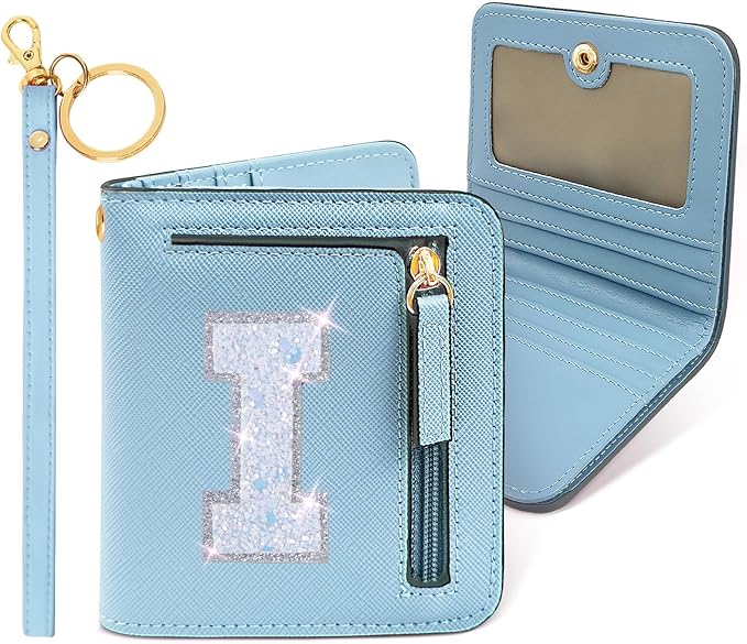 COSHAYSOO Small Wallet for Women Teenager Girl Personalized Initial Gift Preppy Letter Monogrammed Patch Mini Purse Waterproof for Travel Credit ID Cards Cash Holder Novelty Organizer Blue I