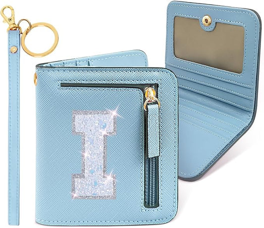 COSHAYSOO Small Wallet for Women Teenager Girl Personalized Initial Gift Preppy Letter Monogrammed Patch Mini Purse Waterproof for Travel Credit ID Cards Cash Holder Novelty Organizer Blue I