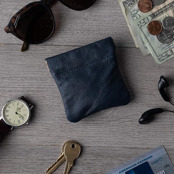 Classic Leather Squeeze Coin Purse change Holder For Men, Pouch size 3.5 in X 3.25 in. high, Navy