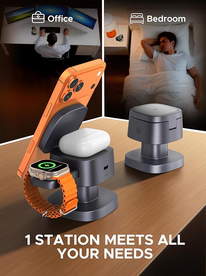 ByteWave 3-in-1 Charging Station for Apple, iPhone MagSafe Charger with 3-Color Light, 15W Max Foldable Wireless Fast Charging for iPhone 17/16/15/14/13/12, Apple Watch, AirPods, Home&Travel Friendly