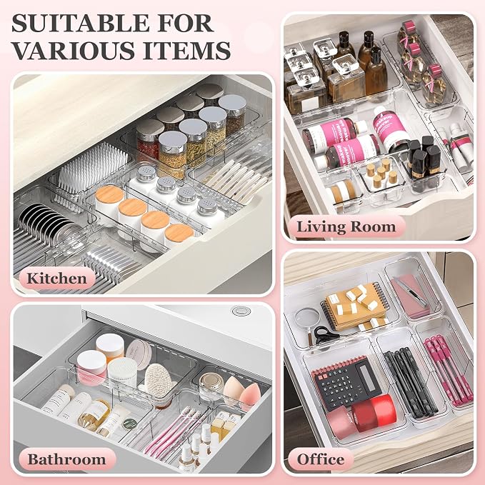 DILIBRA 12 Pcs Clear Extendable Drawer Organizer, Adjustable Drawer Storage 2-Size Desk Drawer Organizer, Plastic Non-Slip Storage Bins for Makeup Cosmetic Jewelries Utensils Stationery Dressers