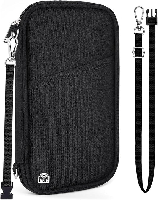 Family Passport Holder for Travel, RFID Blocking Travel Document Organizer with Flexible Carrying Style, Portable Passport Wallet and Essentials for Travel (Black)
