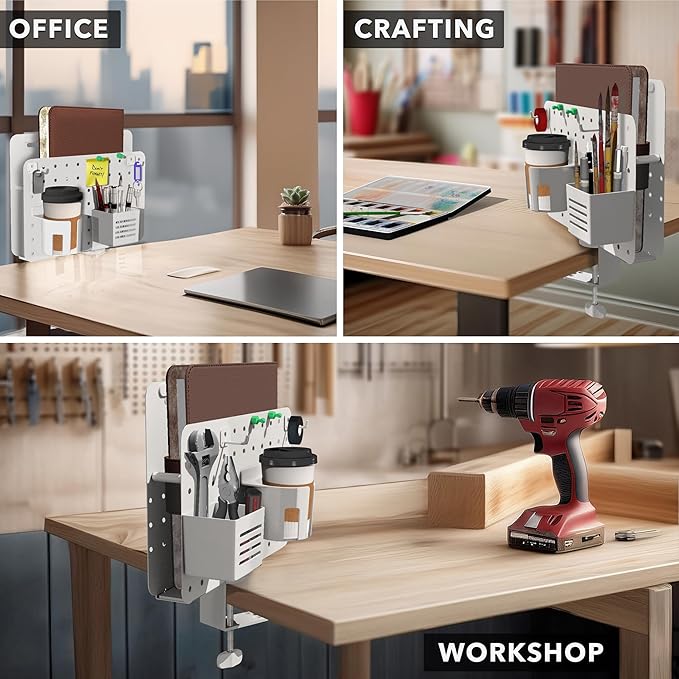 Mount-It! Desk Mounted Pegboard Organizer with 360° Rotation | Includes Cup Holder, Pen Holder, Hooks & Magnets | Clamp-on Desk Storage for Home Office, Workshop, Crafting Station (White)